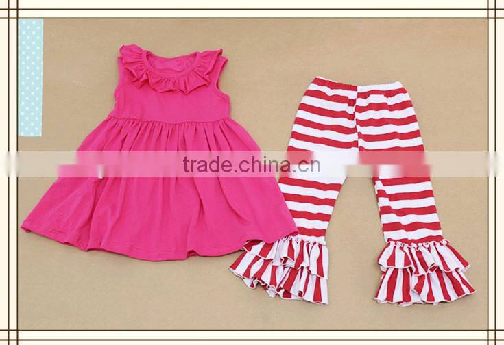Wholesale Cotton Baby Clothes Kids Soild Color Dress And Ruffle Stripe Pants Children's Boutique Set