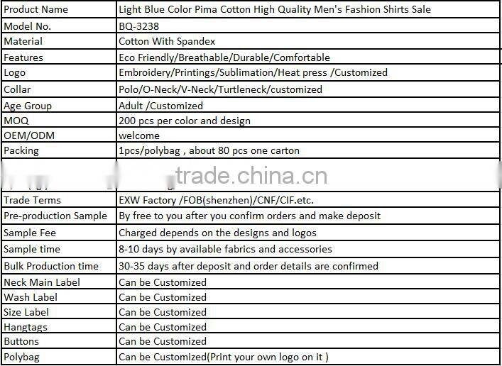 Light Blue Color Pima Cotton High Quality Men's Fashion Shirts Sale