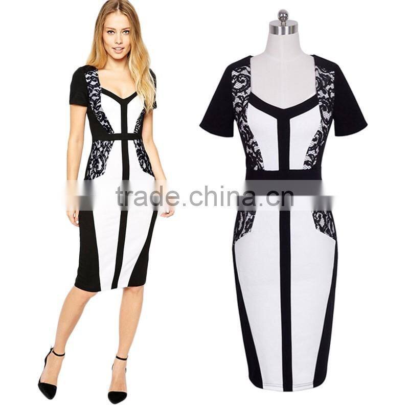 2016 designed for fashion embroidery lace women pencil dress short sleeve stripe ladies' dress OEM