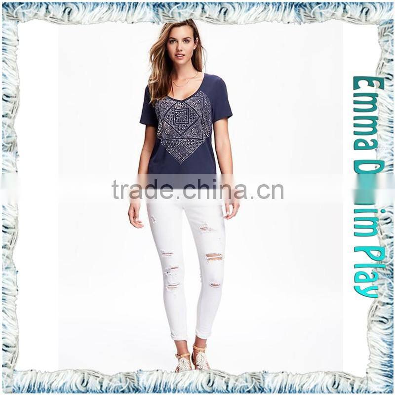 2016 New Designs Wide Open Neck Blue Printing Cotton T Shirts for Sexy Womens