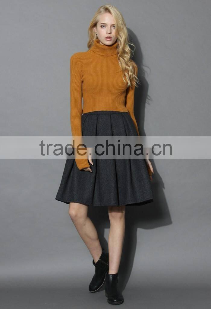2016 Guangzhou Shandao Brand Name New Aututmn Fashion Women Ruffle Keen Length High Waist Dark Grey Cotton Formal Skirts Designs