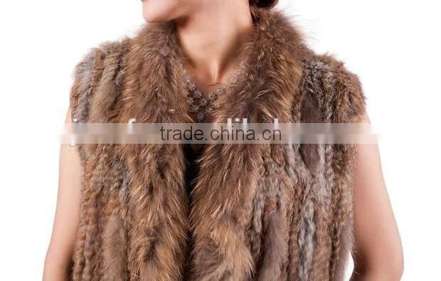 Brown rabbit fur knitted vest dyed color raccoon fur vest for women spring fall winter