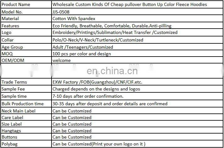 Wholesale Custom Kinds Of Cheap pullover Button Up Color Fleece Hoodies
