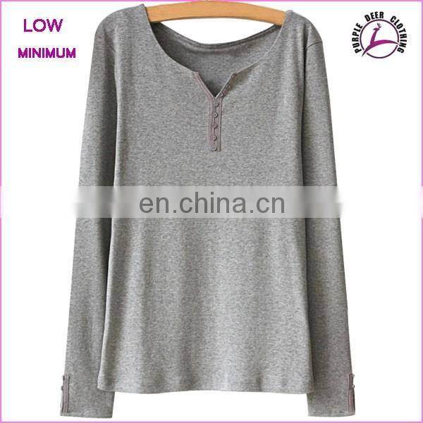 Woman long sleeve t-shirt V neck custom cotton t-shirt with buttons