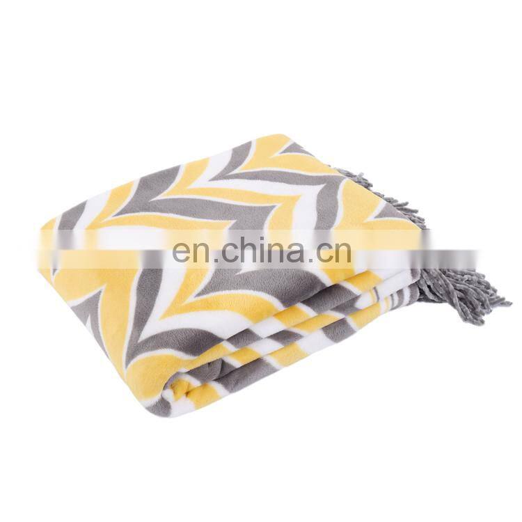 High quality national style three color stripe printing custom flannel throw blanket with pearls tassels