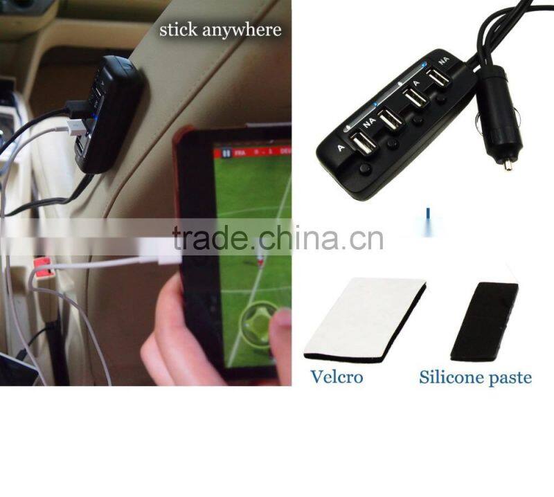Top Selling 2015 4 Port Female USB Socket Car Charger with Cable & Individual Switch & LED Light