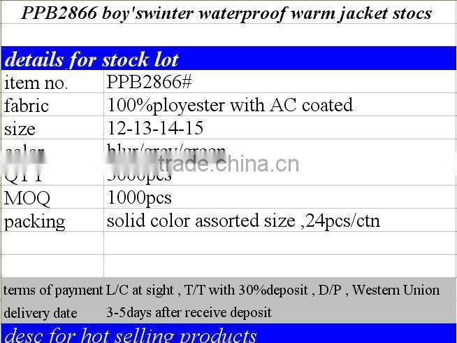 PPB2866 boy's winter waterproof warm jacket stocks