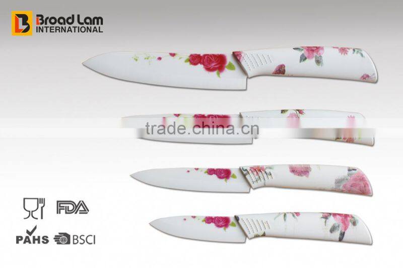 4pcs Ceramic Knife set in acrylic stand with flower printing stained paper blade and handle Customized design is welcomed