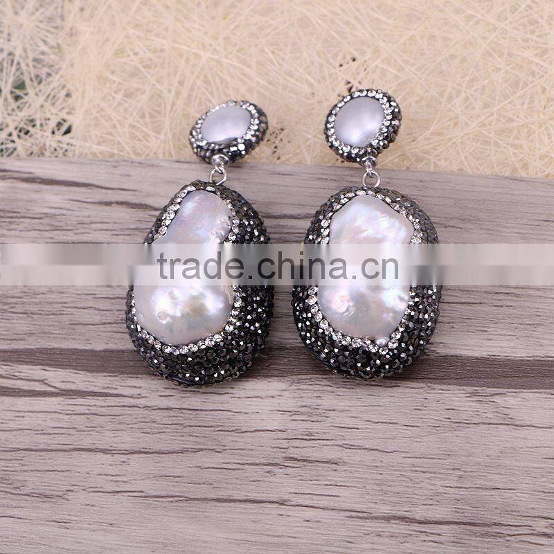 Natural Freshwater Baroque Pearl Earrings, Crystal Pave Mother OF Pearl Druzy Stud Earrings