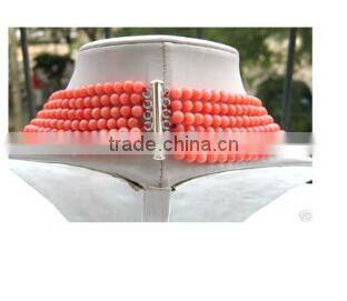 wholesale 6 rows 17-22 inch 6mm pink round coral beads necklace jewelry set