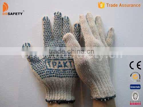 Natural Cotton Polyester String Knitted Blue PVC Dots Safety Working Gloves