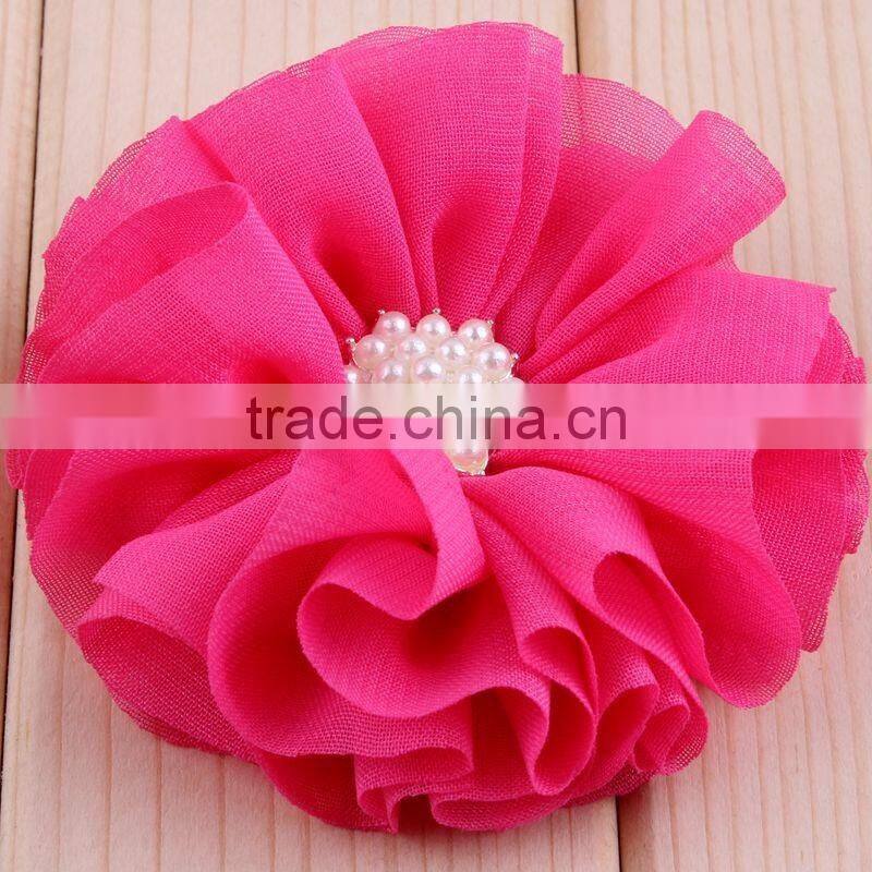 hot cutting chiffon flower with pearl bead center for kids hair accessories