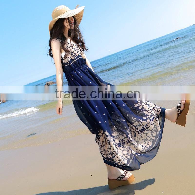 2016 Women Long Boho Maxi s Chiffon Floral seaside Dress Summer Beach Dresses wholesale