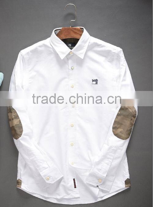 100% cotton men Oxford Casual Shirt, Long Sleeve Shirt with embroidery & elbow patch