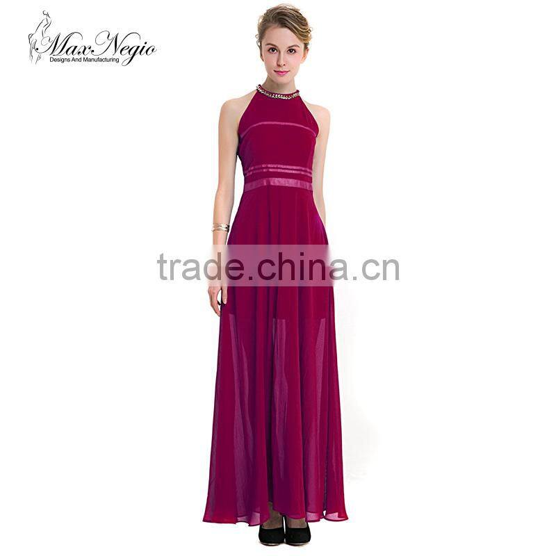 Maxnegio long dress maxi chiffon beaded round neck evening dress