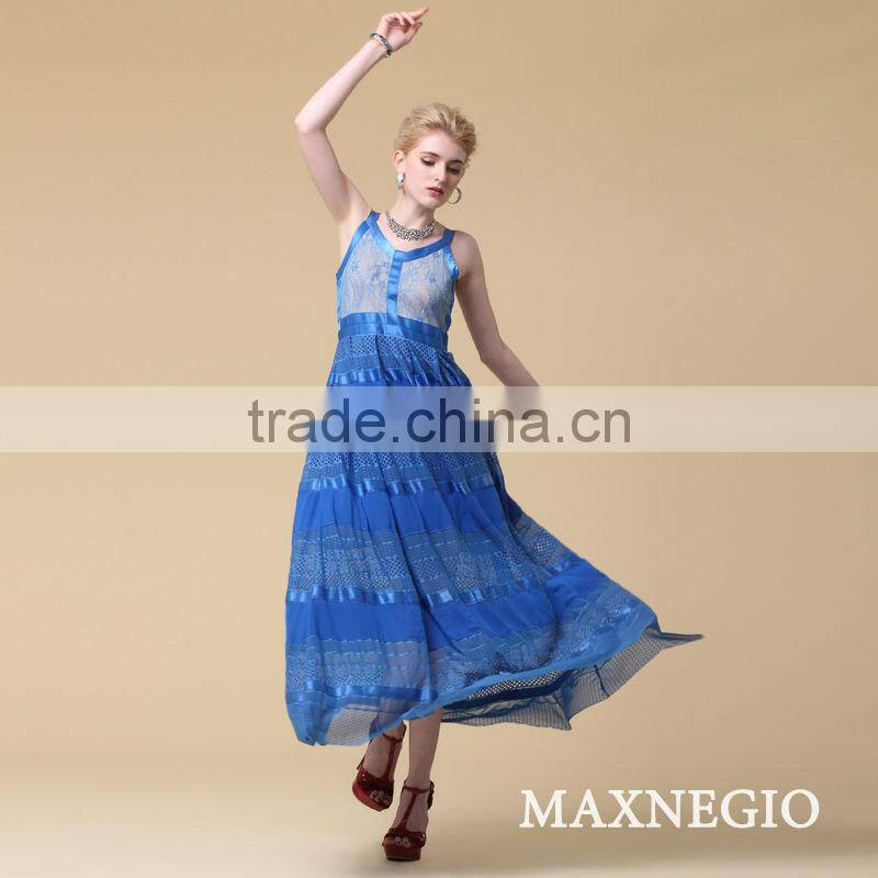 Wholesale fancy high quality blue long maxi satin dresses beach dress