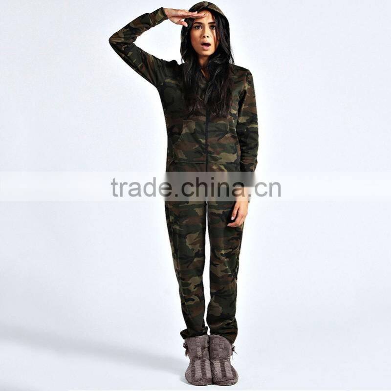 Fashion women supersoft all over military style zip hooded camo onesie adult