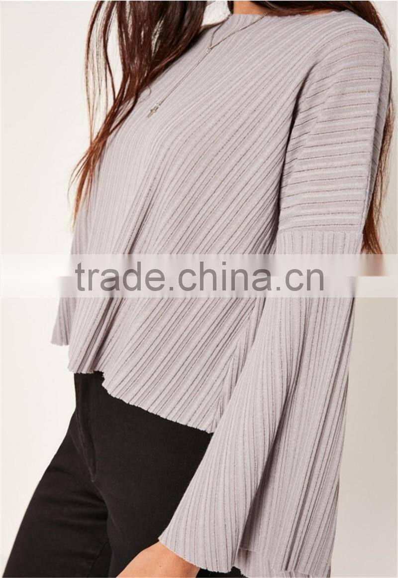 MGOO custom Made 2017 Fashion Tops Sheer Neck Long Sleeves T-shirt Cotton Spandex Flare Sleeves Manufacturer
