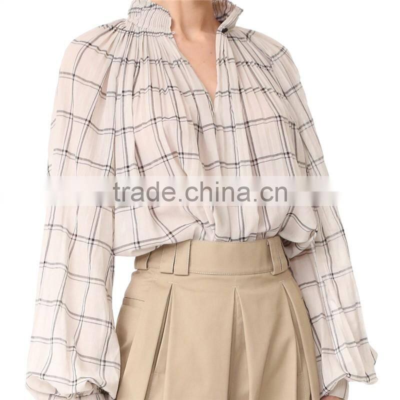 2017 OEM Spring Femme Airy Sand Windowpane Checks Tunic Blouse