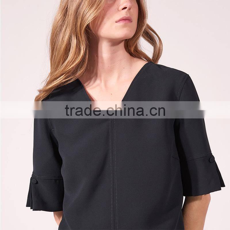 Women's loose fit V neck press studs on short slited sleeves tank blouse