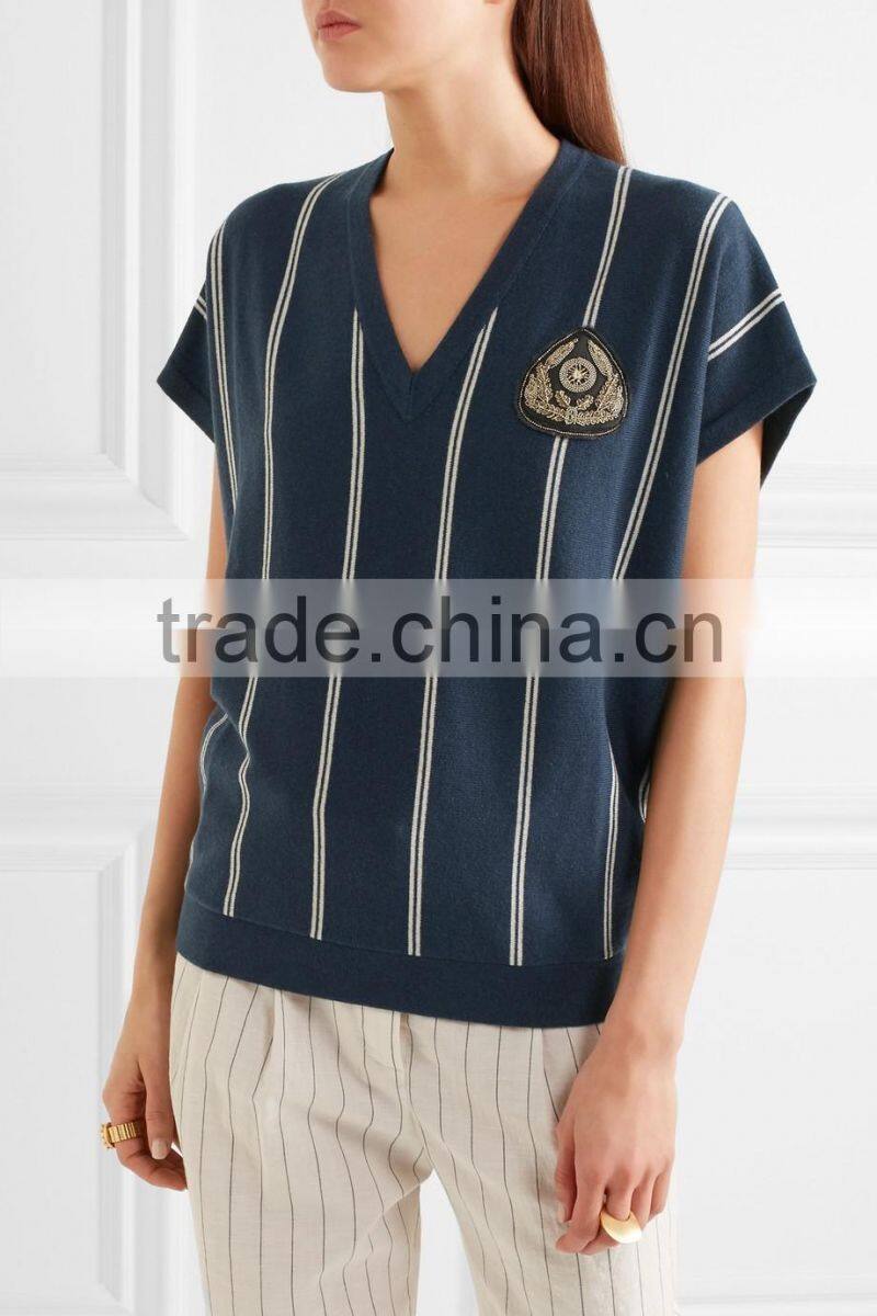 Hot Sale Navy and White Sleeveless Striped Knitted V-Neck Sweater for Women
