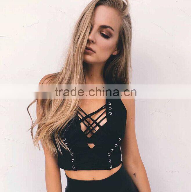 Sleeveless Slim sexy deep V tie webbing tank top girls