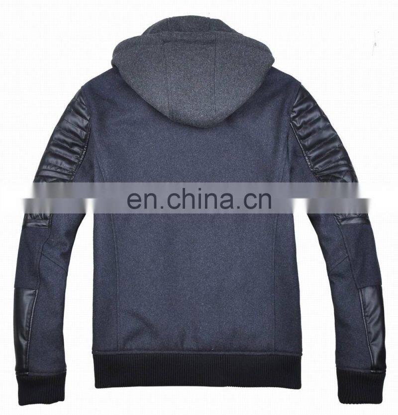 2015 last fashion quilted movable hood baseball jacket leather sleeves