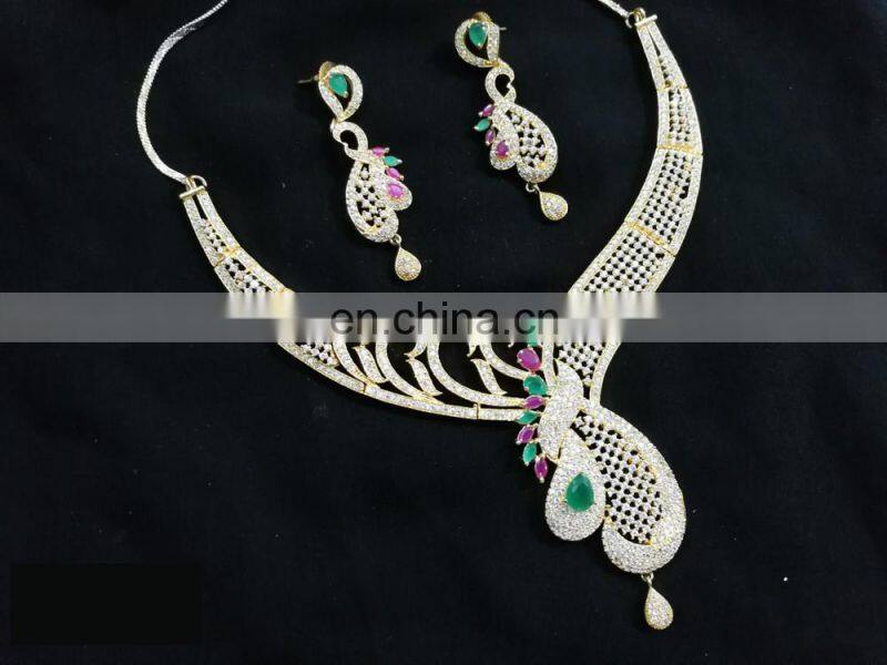 Much More Heart Beated Multi- Color Gold Plated American Diamond Necklace Earrings Set