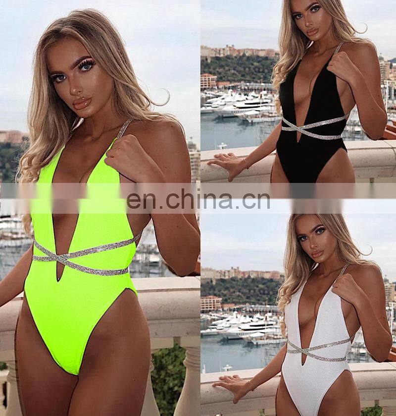 One piece Swimsuit Neon Green Glitter Swimwear Women bandage swimsuit high cut monokini Shiny bathing suit plunge swimsuits