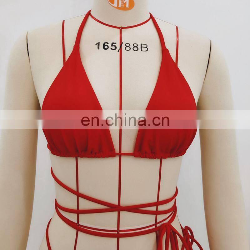 Sexy Solid Red Thong Bikini Set Bathing Suit Cross Bandage Hand Push Up Swimwear 2019 Women Padded Low Cut Swimsuit