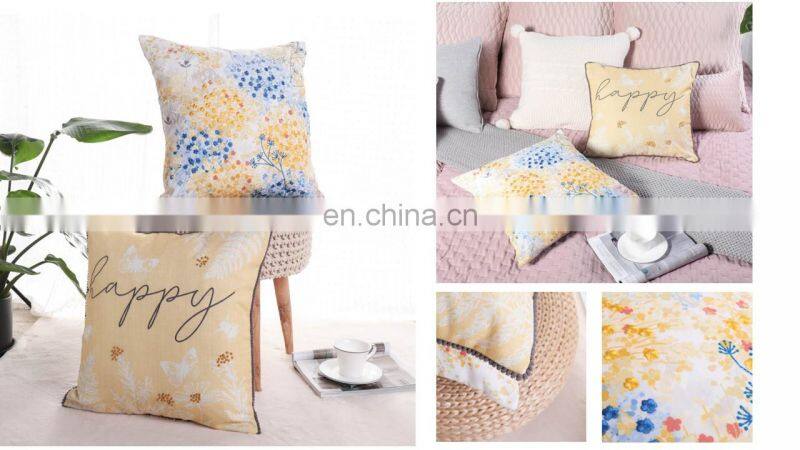Home Decorative Digital print and Embroidery Warm Light Yellow Happy Slogan Cushions Covers Pillow Cases with Pom Pom