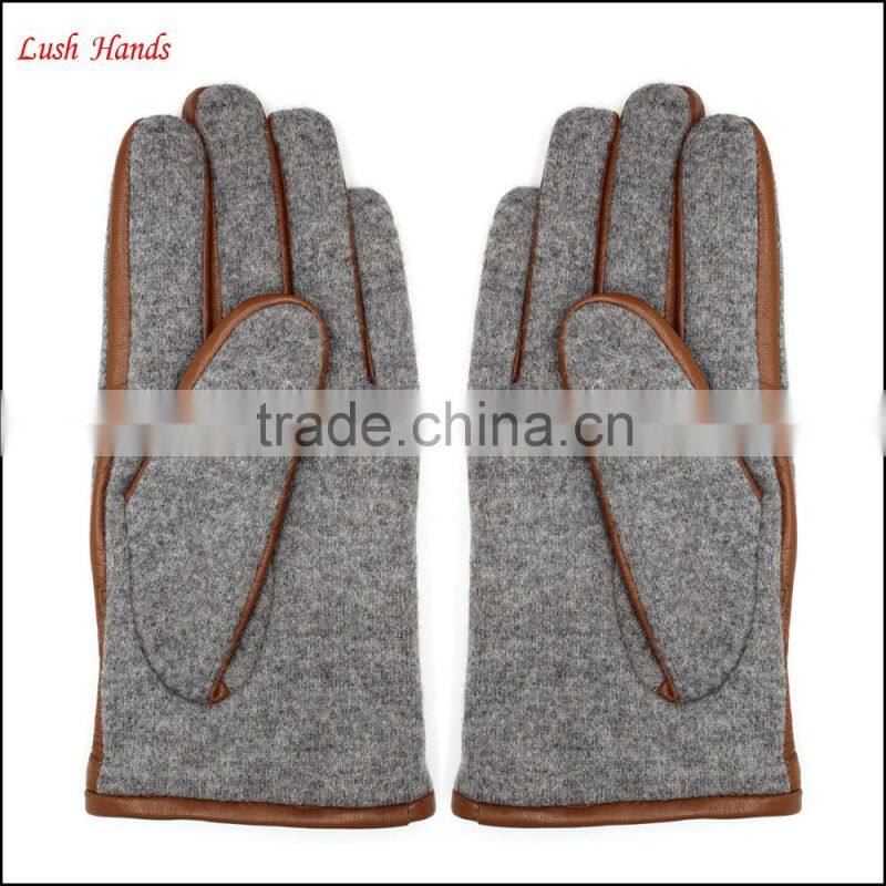 Men's fashion woolen and leather stitch touch screen gloves