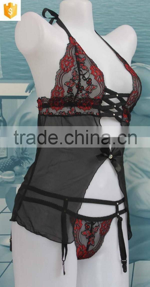 2016 sexy back bandage Chinese lace silk babydoll dress lingerie