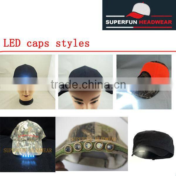 camo material white and green LED colors fast and closed hunting caps