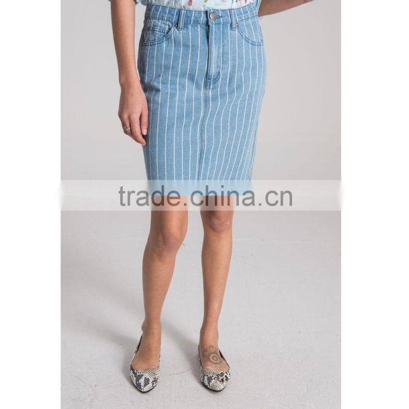 Fashion classic stretch elegant blue vertical stripes midi denim pencil skirt for lady
