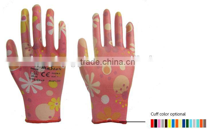 Hot Sale Transparent Nitrile Coated Polyester Printing Gardening Work Gloves For Lady