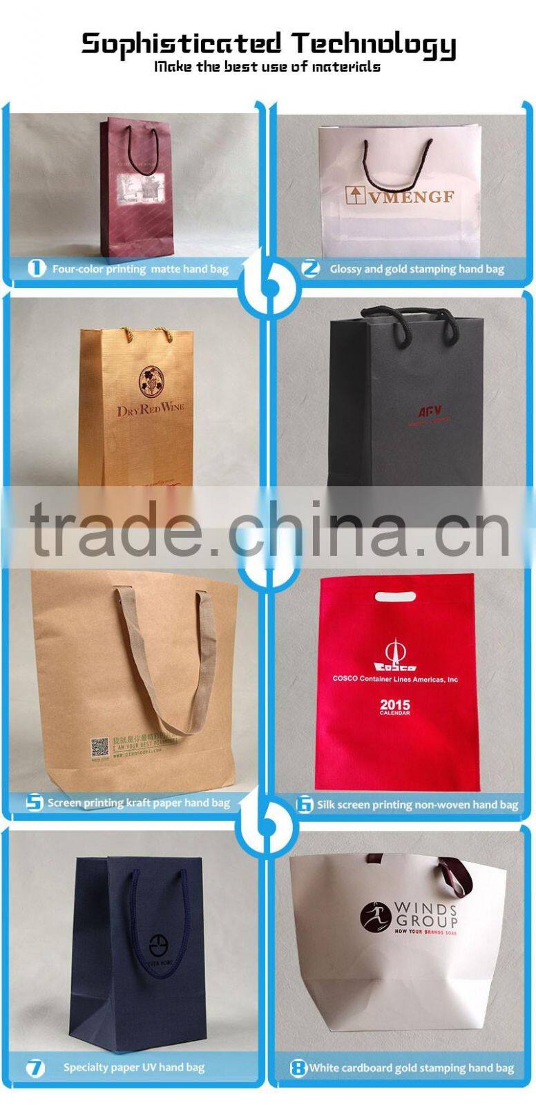 High Quality Recyclable Custom Printed Craft Paper Bag 2015 Hot Selling Luxury Recycled Paper Bag