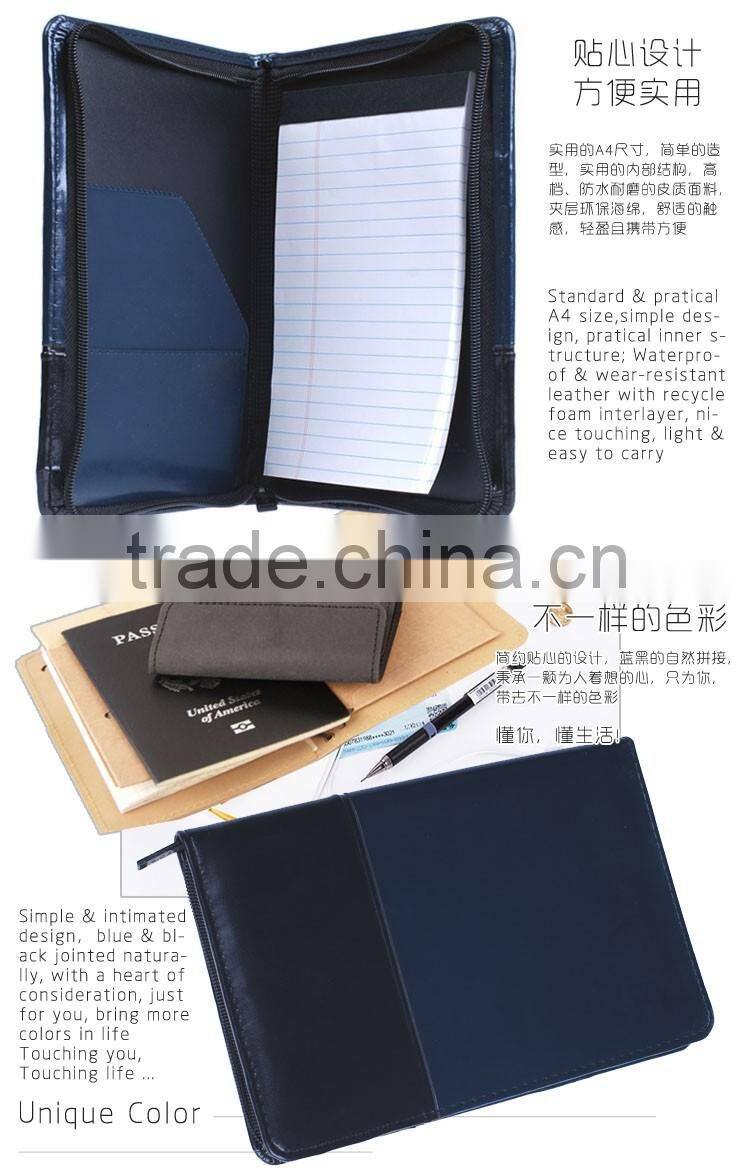 A4 leather Customized Cheap portfolio file folder with Zipper