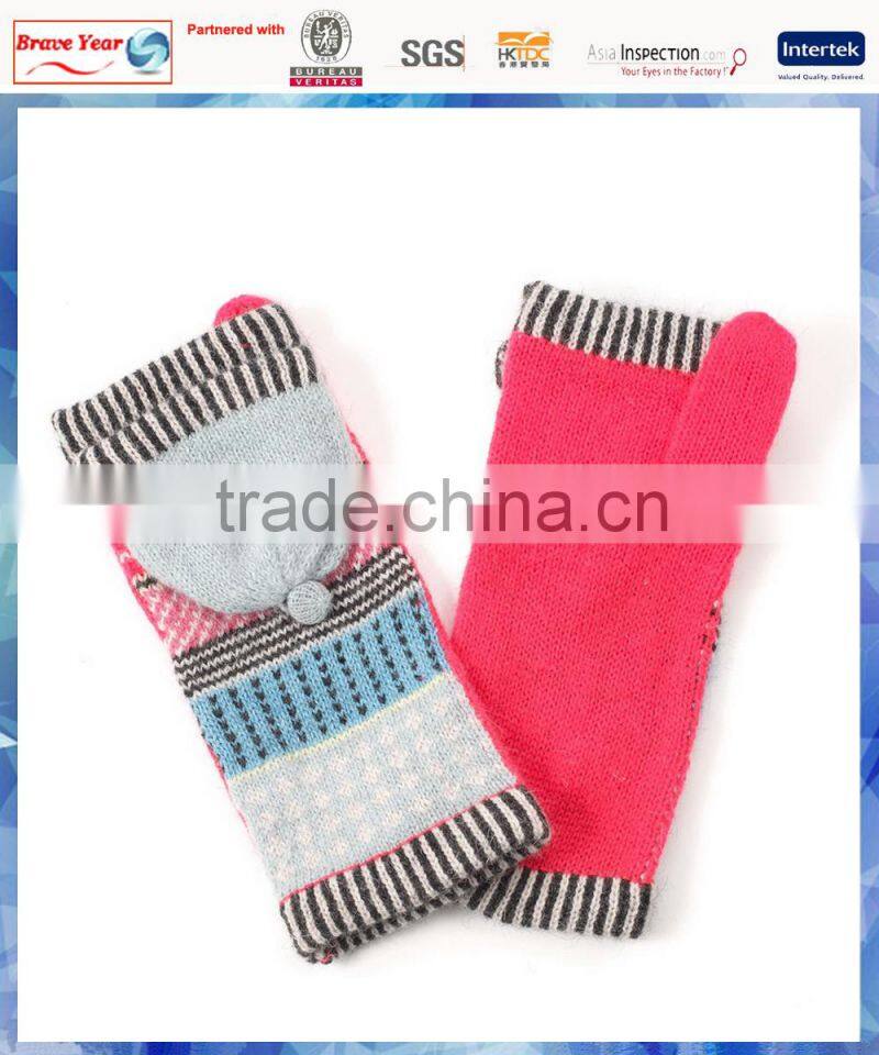 pink fairisle knitting women fingerless gloves with cover and one finger