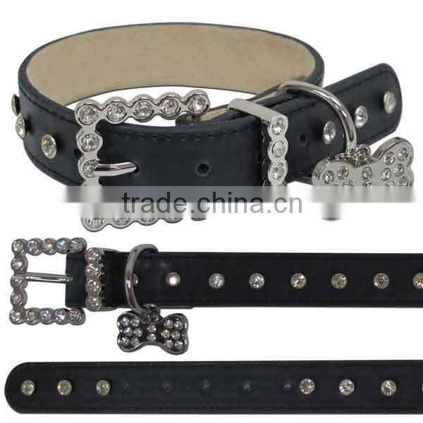 Green Rhinestone Buckle Leather Dog Collars Wholesale