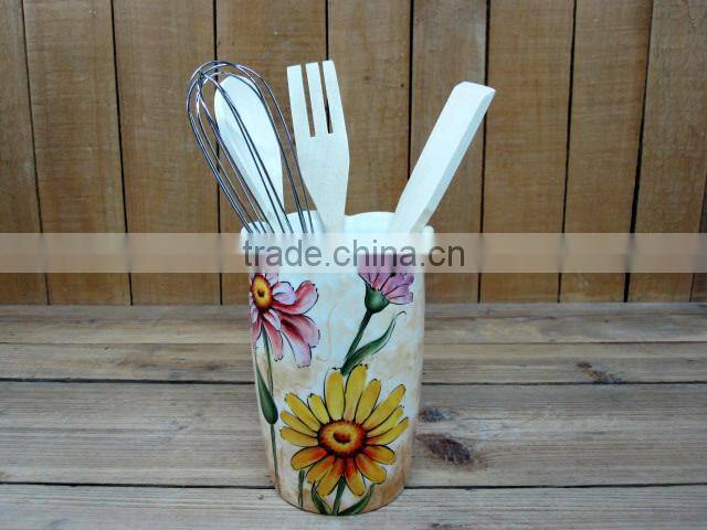 Wholesale handpaint daisy ceramic untensil holder with spoons