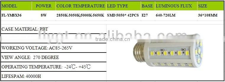Factory SMD 8W led corn light bulb e27