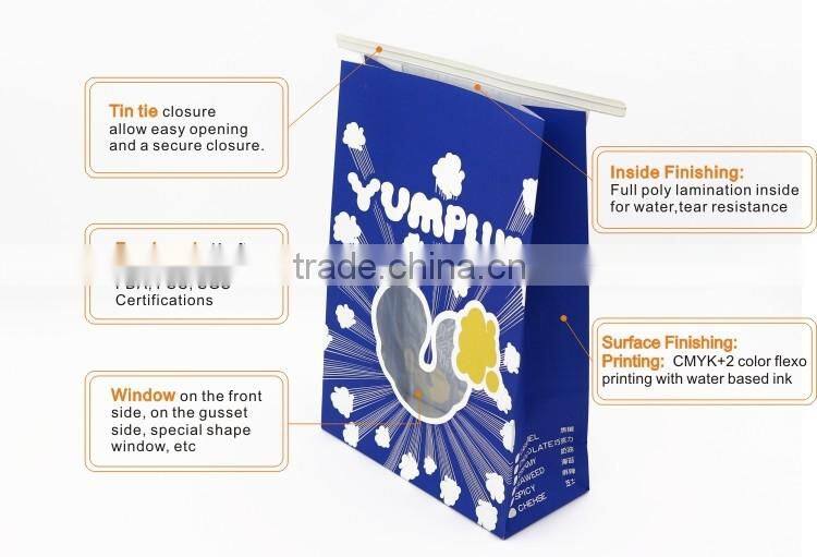 High quality reusable kraft paper bag with tin tie for popcorn