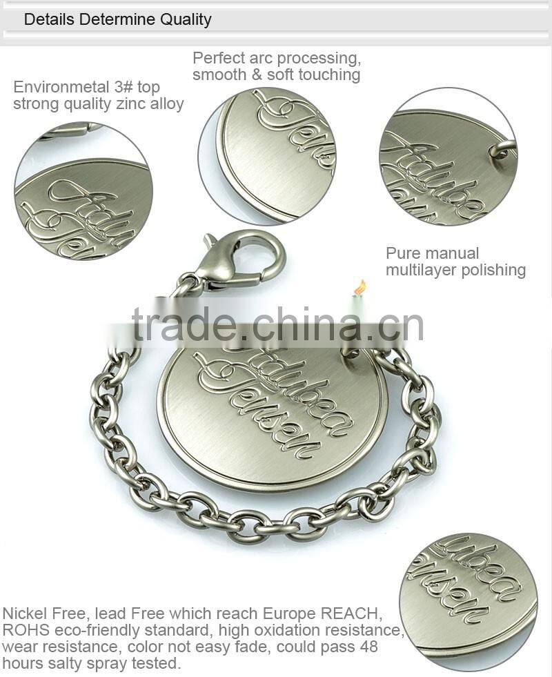 Brush nickel custom solid round metal handbag pendant