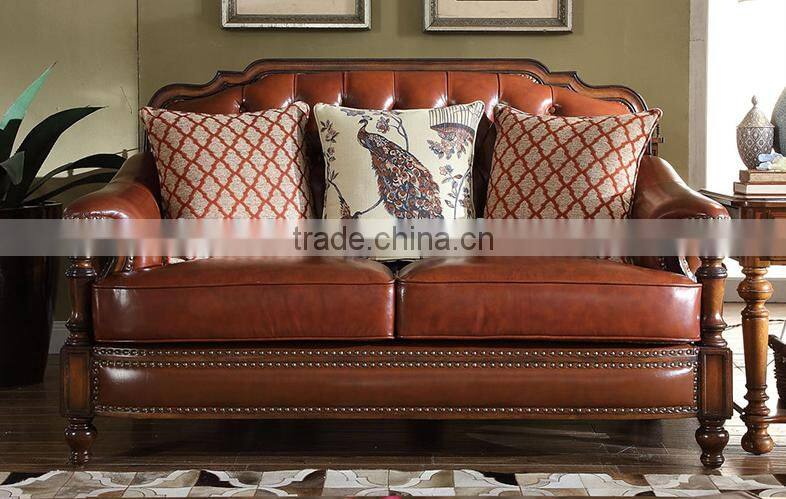 American classic concise solid wood hand carved living room furniture genuine leather 1+2+3 sofa set