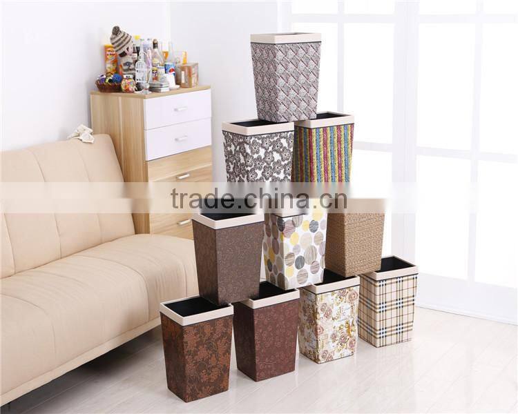 Plastic Medium Rectangle Leather Wraped Cheap Trash Can for Hld With Open Top Button 11L