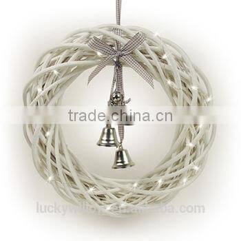 Hot sell Christmas wicker wreath with lights and bells,grey hanging christmas wreath
