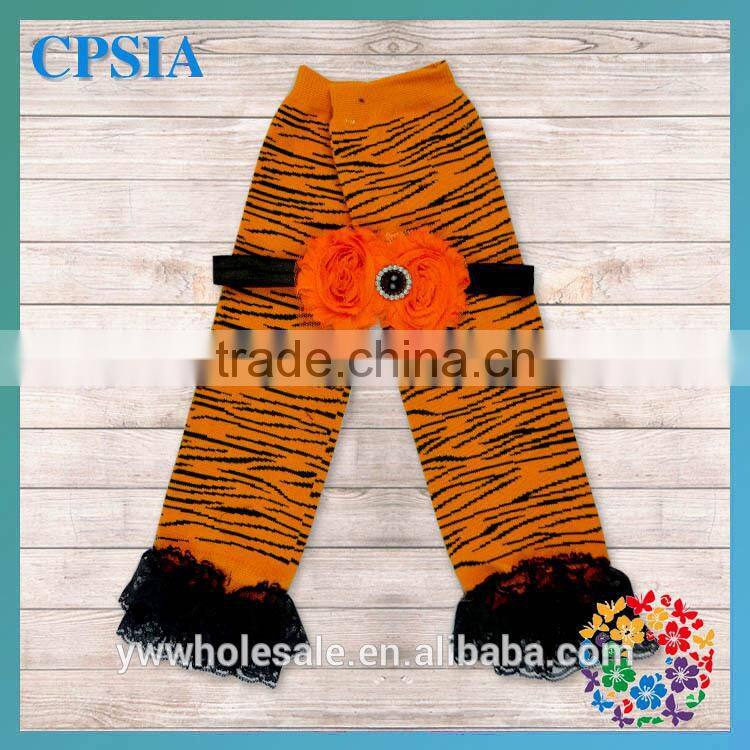 Latest Orange Yellow and Black Deisgn Classic Chiffon Ruffled Baby Leg Warmer Match Headband Set