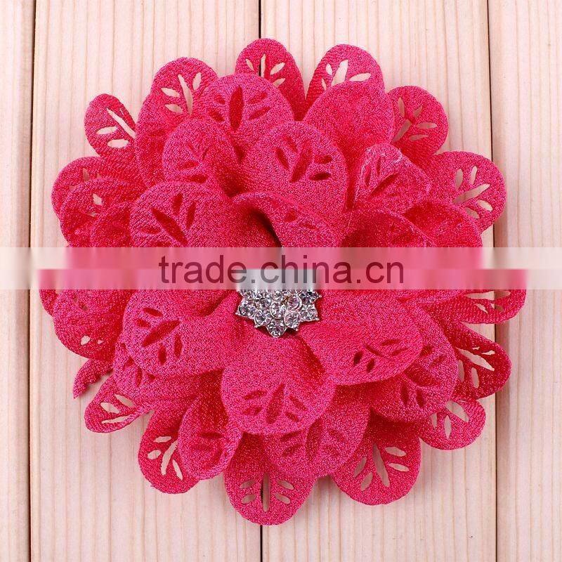 hot cutting fabric flower with rhinestone center for kids hair accessories