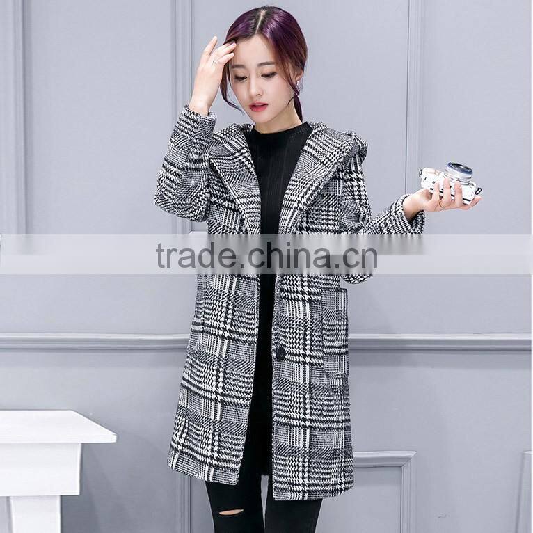 2016 Winter Ladies Black Long Plaid Wool Coat for Women and ladies